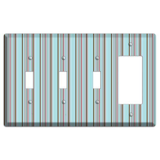 Dusty Blue with Red and Brown Vertical Stripes 3 Toggle / Rocker Wallplate