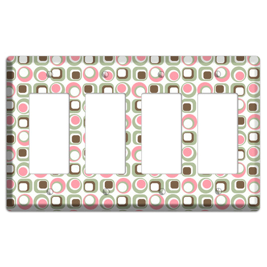 White with Pink Sage Brown Retro Squares and Circles 4 Rocker Wallplate