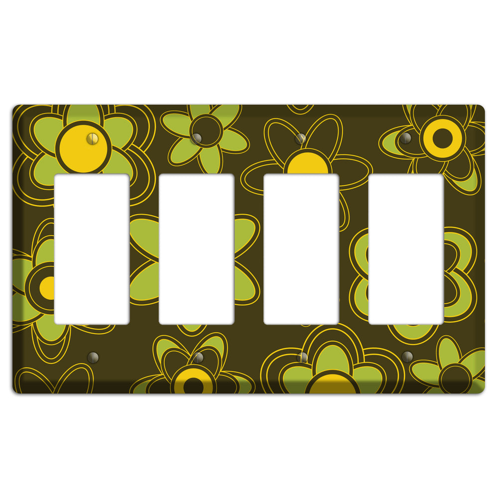 Brown with Lime Retro Floral Contour 4 Rocker Wallplate
