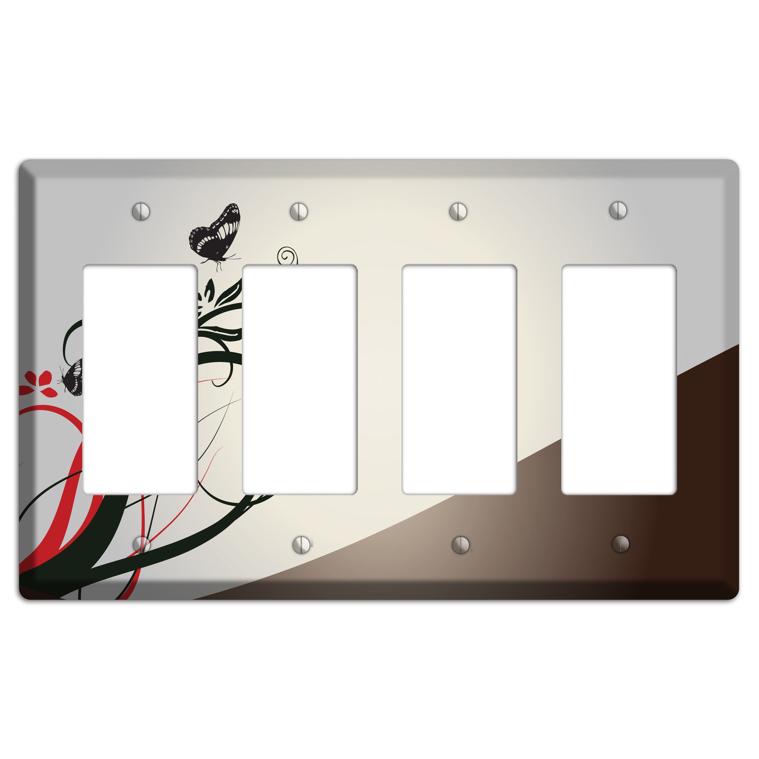 Grey and Red Floral Sprig with Butterfly 4 Rocker Wallplate