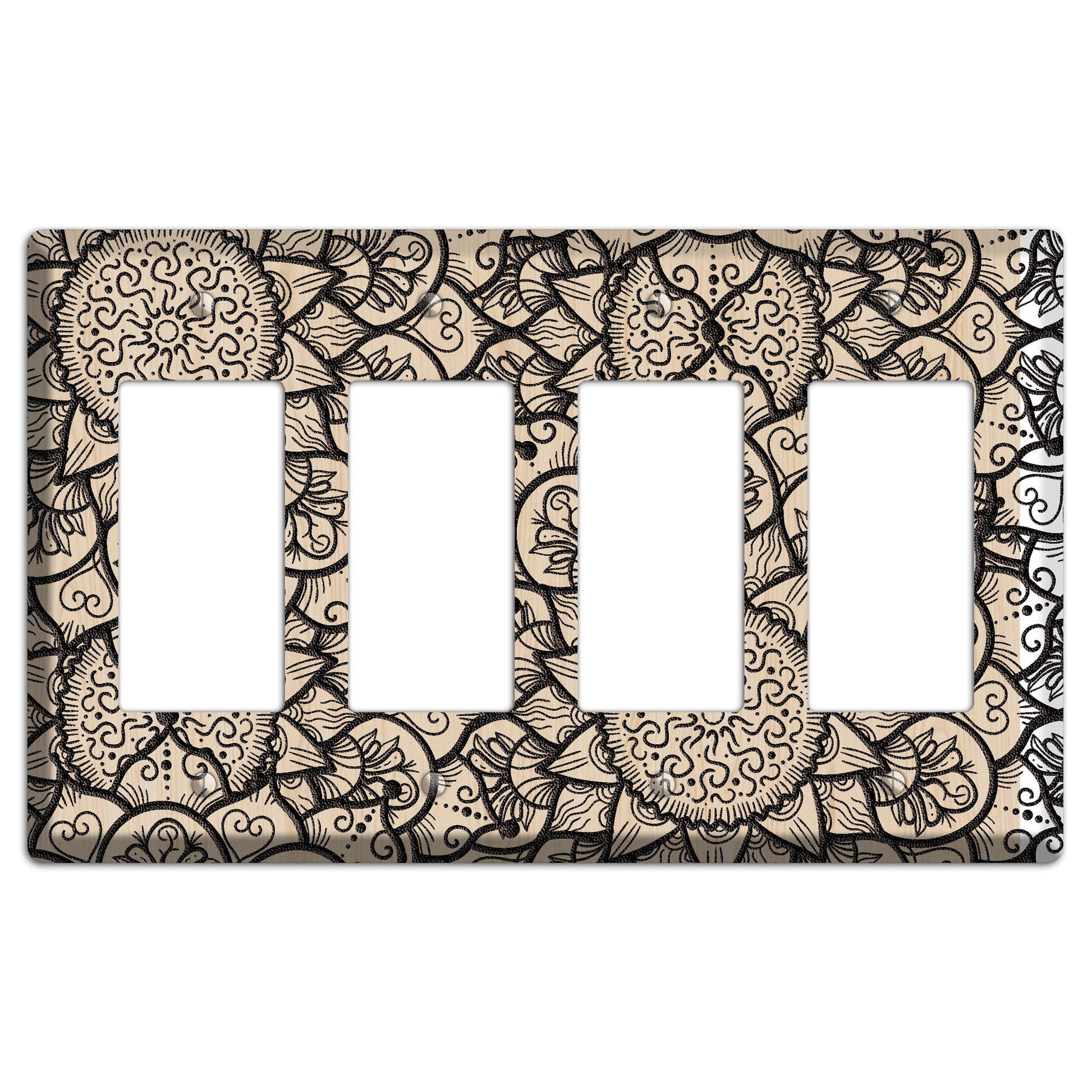 Mandala Black and White Style W Wood Lasered 4 Rocker Wallplate