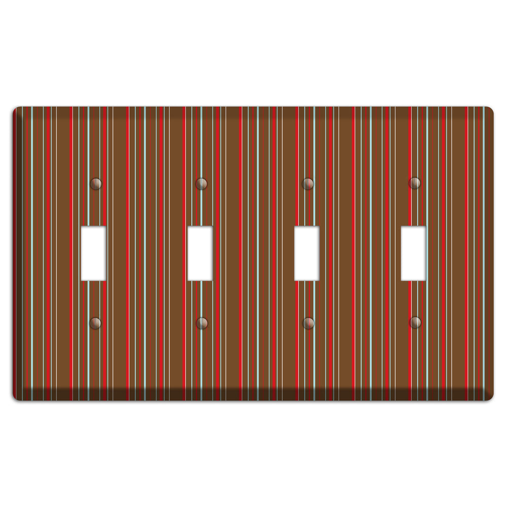 Brown Red and Dusty Blue Vertical Stripes 4 Toggle Wallplate