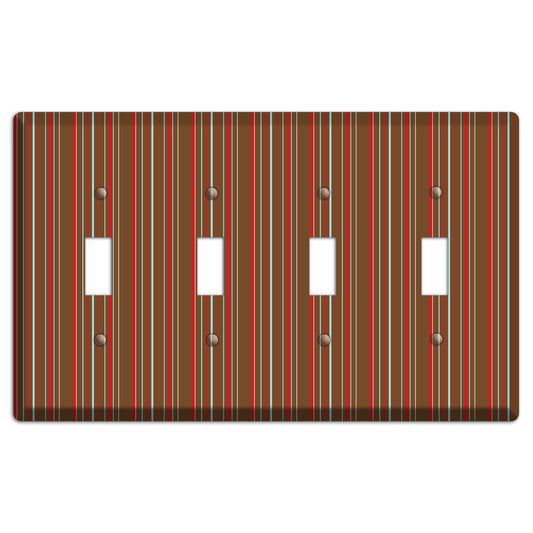 Brown Red and Dusty Blue Vertical Stripes 4 Toggle Wallplate