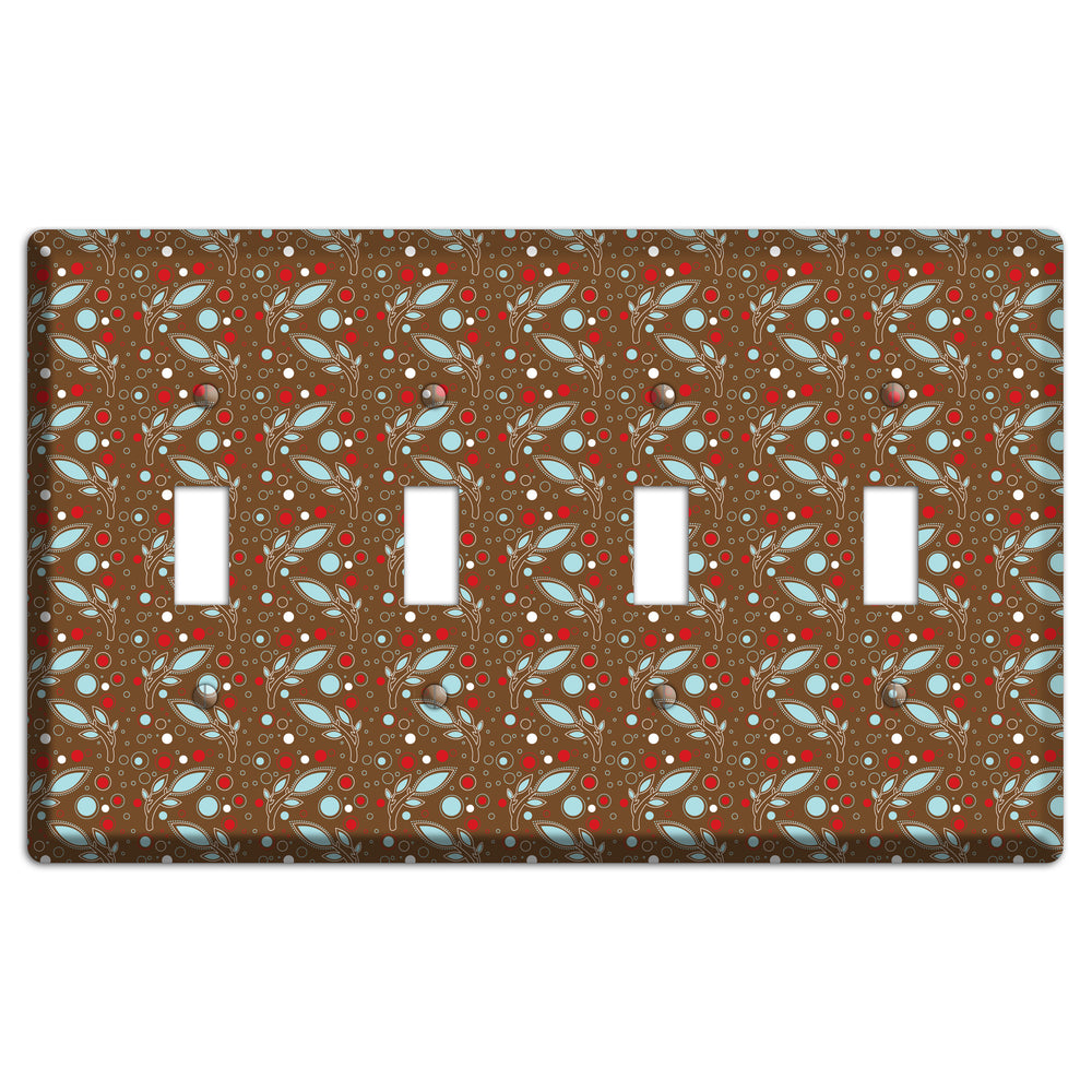 Brown with Red and Dusty Blue Retro Sprig 4 Toggle Wallplate
