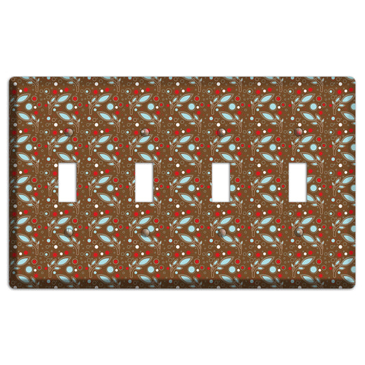 Brown with Red and Dusty Blue Retro Sprig 4 Toggle Wallplate
