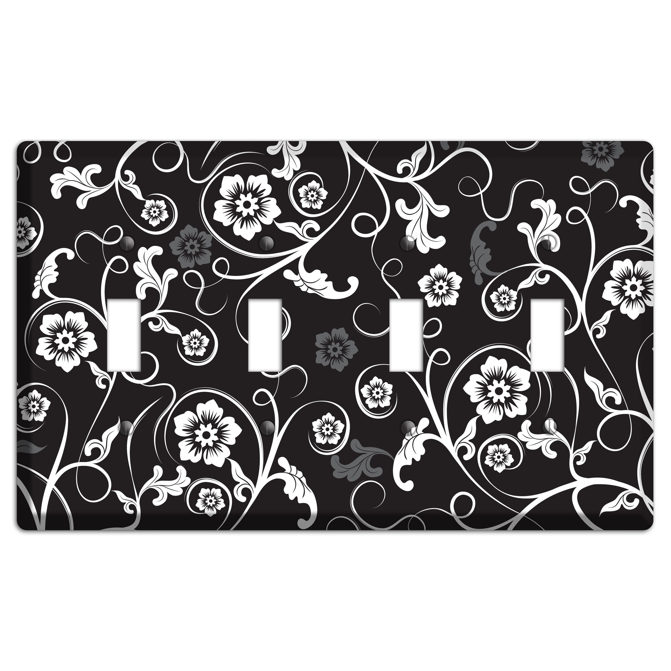 Black with White Flower Sprig 4 Toggle Wallplate