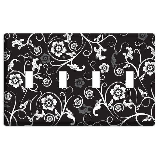 Black with White Flower Sprig 4 Toggle Wallplate