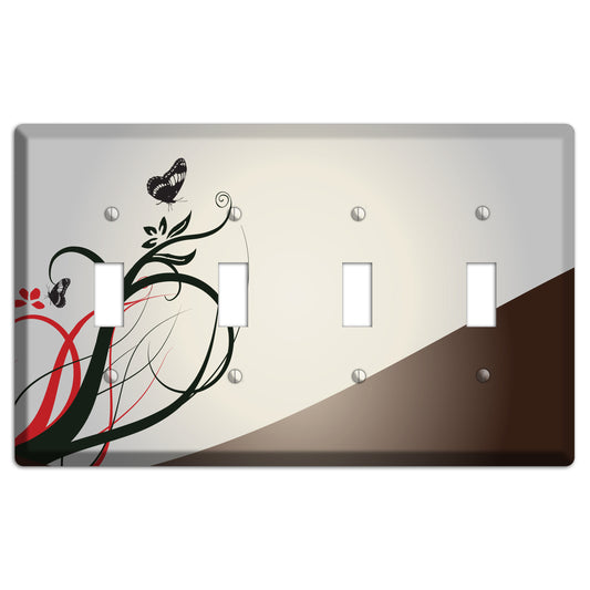 Grey and Red Floral Sprig with Butterfly 4 Toggle Wallplate