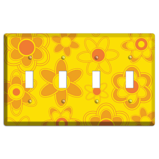Yellow with Orange Retro Floral Contour 4 Toggle Wallplate