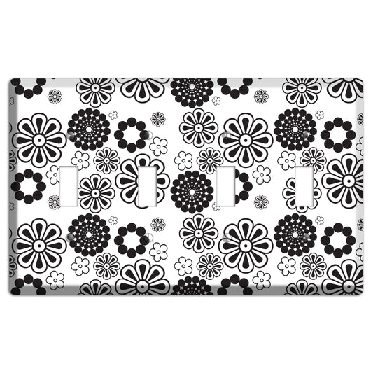 White With Black Retro Floral Contour 4 Toggle Wallplate