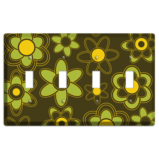 Brown with Lime Retro Floral Contour 4 Toggle Wallplate