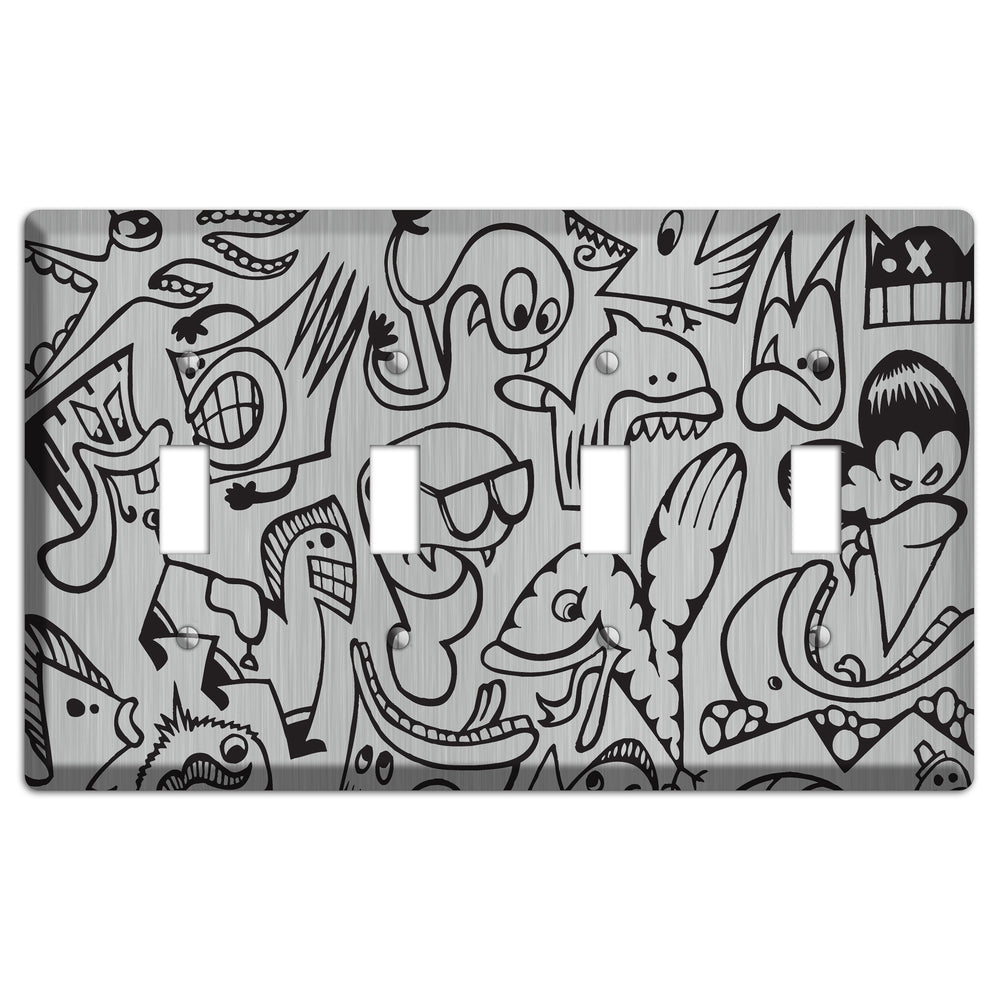 Whimsical Faces 1 Stainless Steel 4 Toggle Wallplate