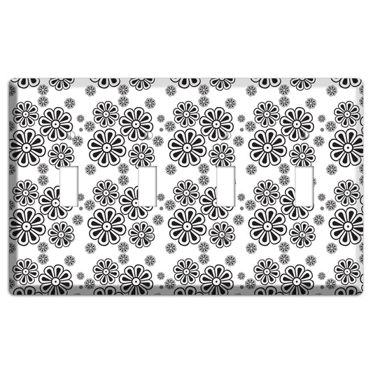 White With Black Small Retro Floral Contour 4 Toggle Wallplate
