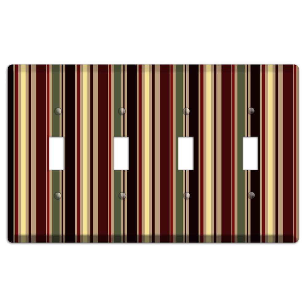 Multi olive and Burgundy Vertical Stripes 4 Toggle Wallplate