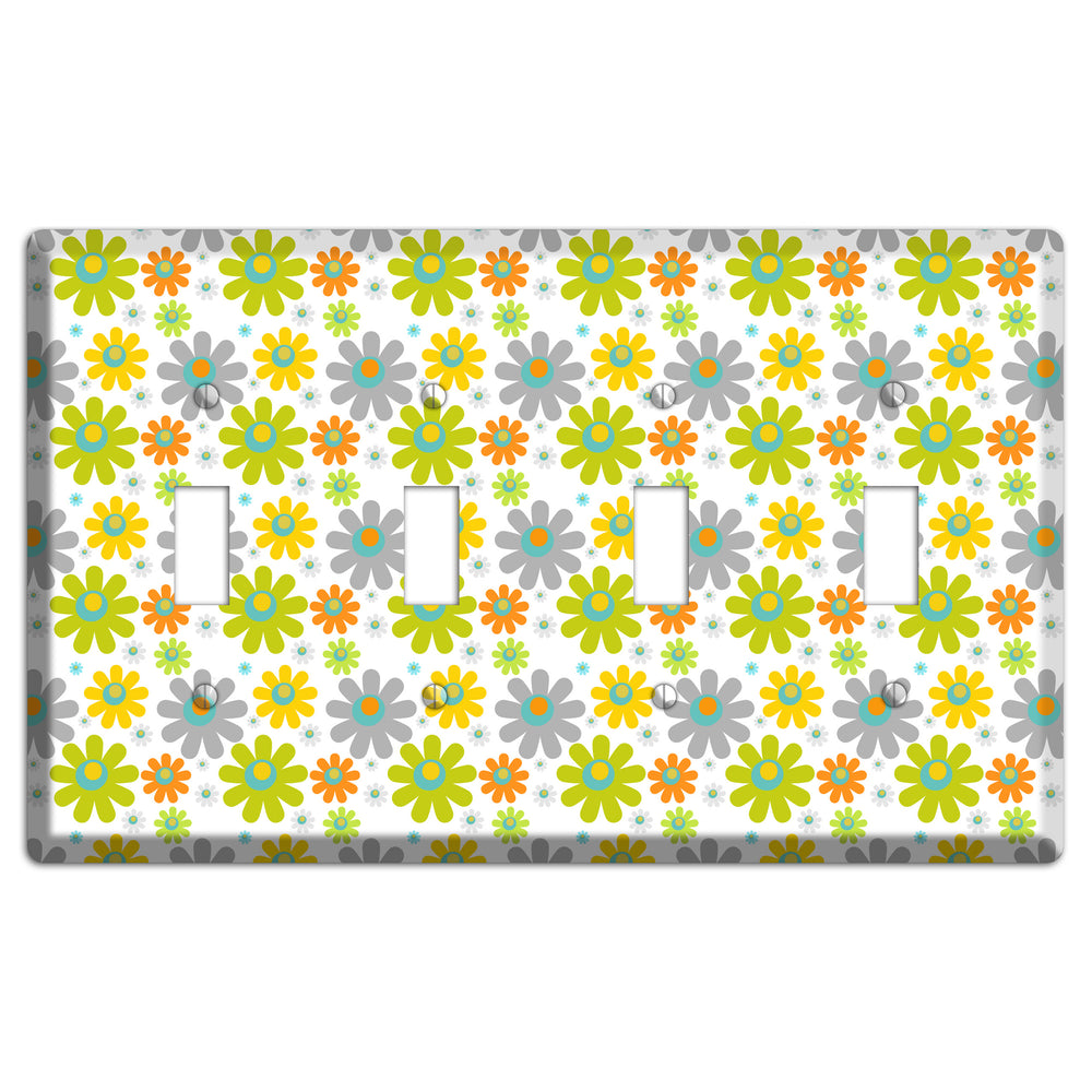 White and Yellow Flower Power 4 Toggle Wallplate