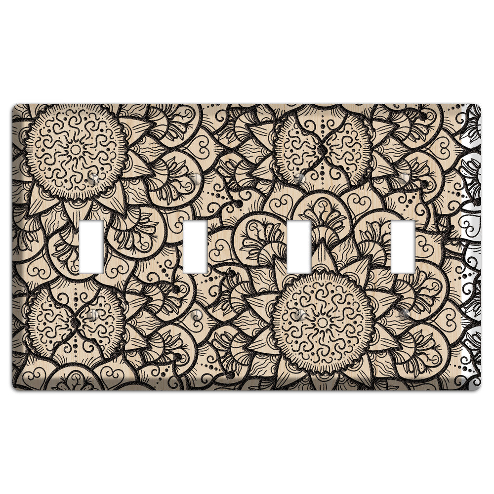 Mandala Black and White Style W Wood Lasered 4 Toggle Wallplate