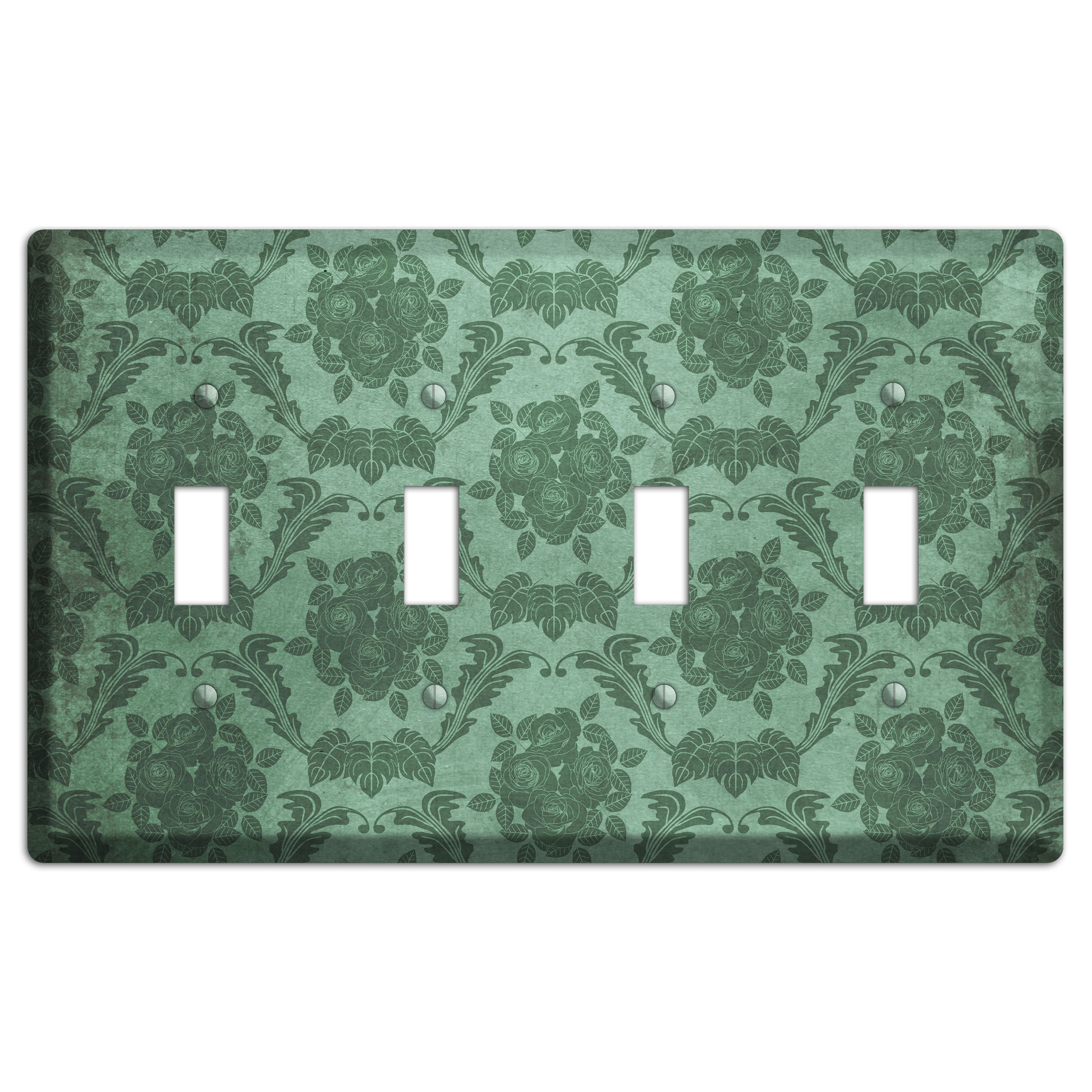Viridian Green Vintage Rose Damask 4 Toggle Wallplate