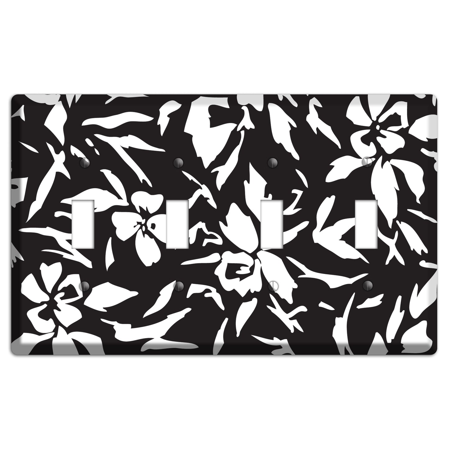 Black with White Woodcut Floral 4 Toggle Wallplate