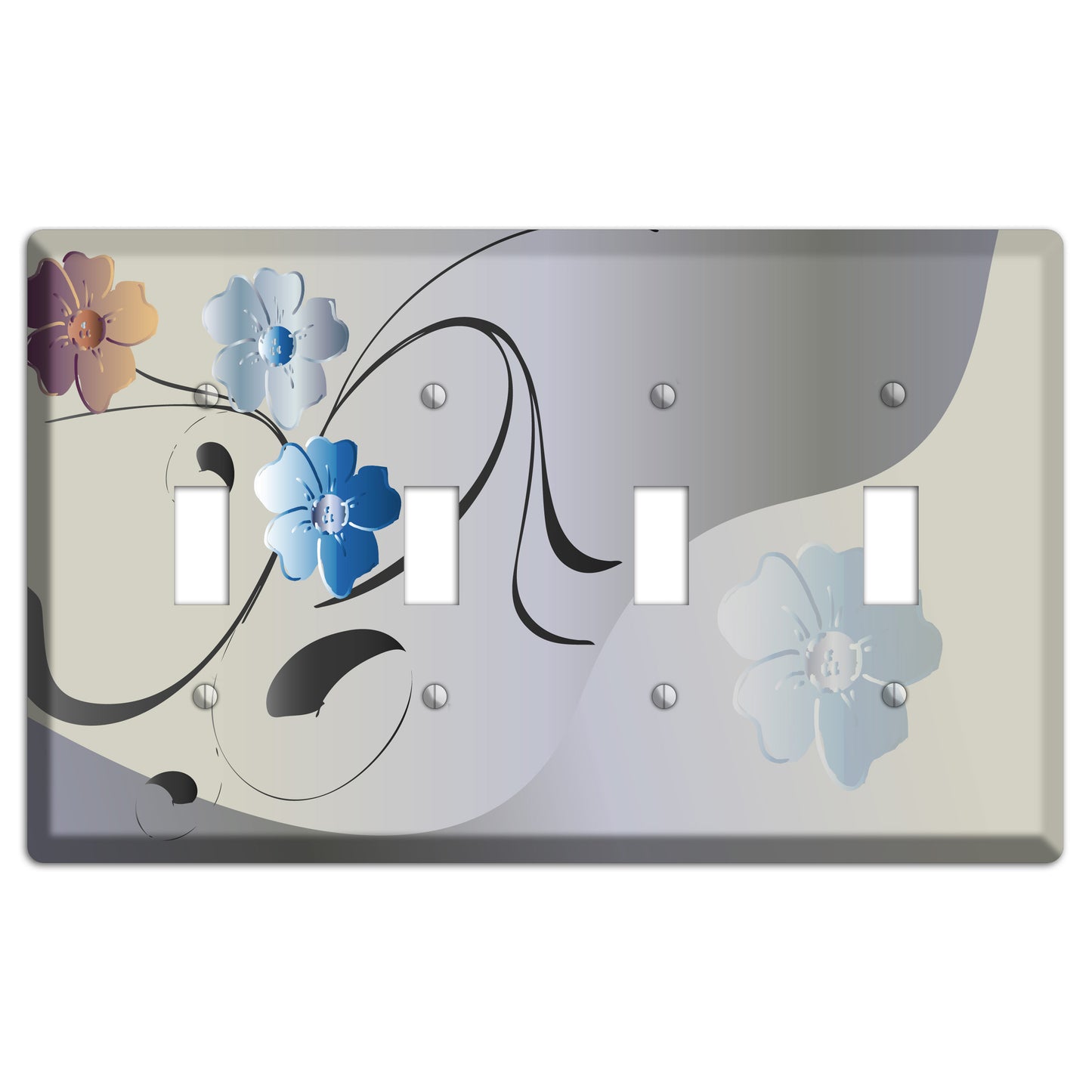 Grey and Blue Floral Sprig 4 Toggle Wallplate