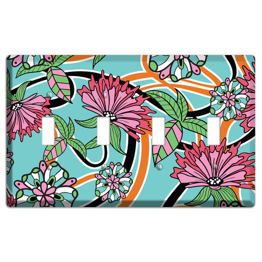 Turquoise with Pink Flowers 4 Toggle Wallplate