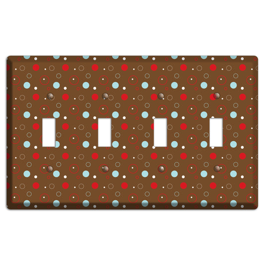 Brown with Red and Dusty Blue Dots and Circles 4 Toggle Wallplate