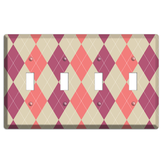Pink and Tan Argyle 4 Toggle Wallplate