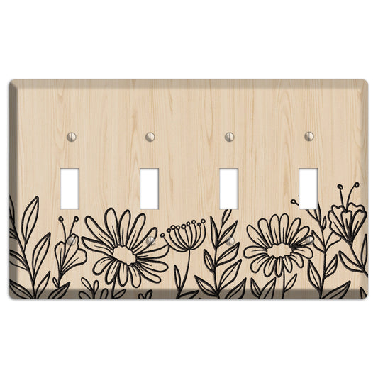 Hand-Drawn Floral 10 Wood Lasered 4 Toggle Wallplate