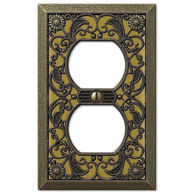 Filigree Antique Brass 1 Duplex Outlet - Wallplatesonline.com
