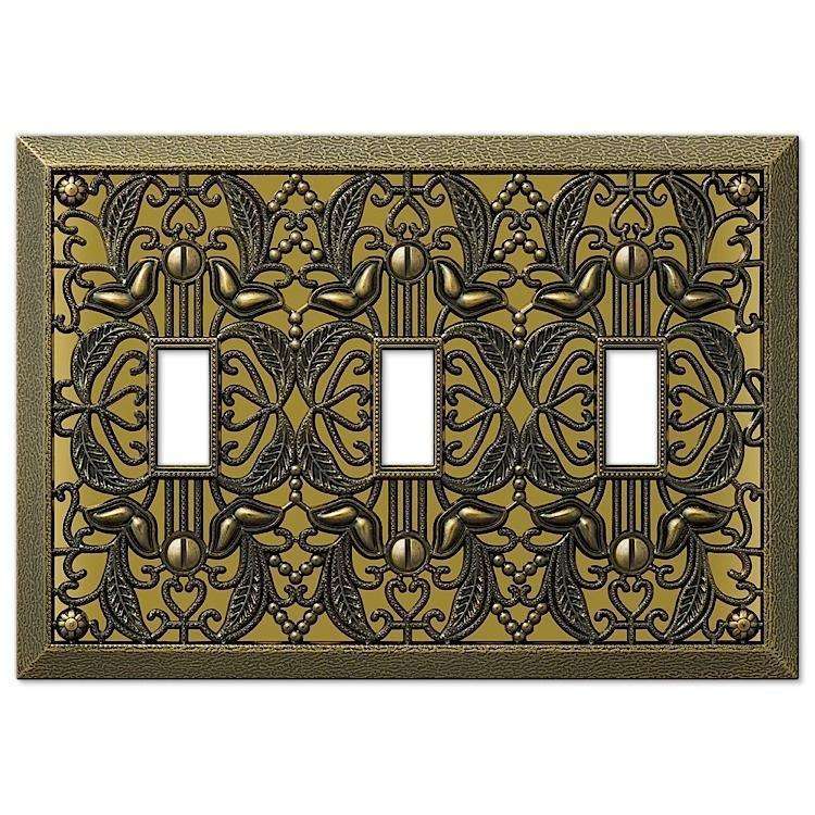 Filigree Antique Brass Triple Toggle - Wallplatesonline.com