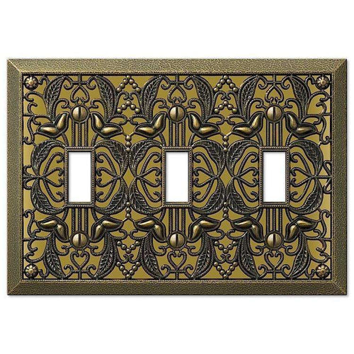 Filigree Antique Brass Triple Toggle - Wallplatesonline.com