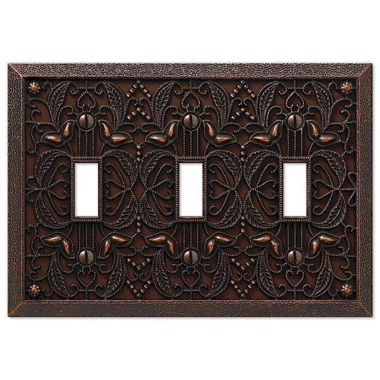 Filigree Aged Bronze Triple Toggle - Wallplatesonline.com