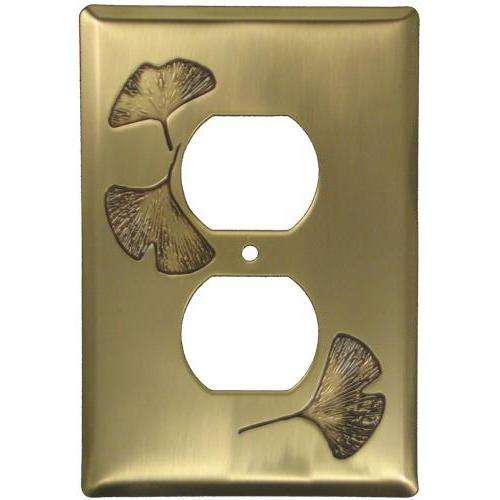Ginkgo Antique Brass Duplex Outlet Switchplate:Wallplatesonline.com