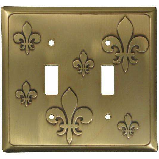 Fleur-de-Lis Antique Brass Double Toggle Switchplate