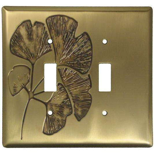 Ginkgo Antique Brass Double Toggle Switchplate:Wallplatesonline.com