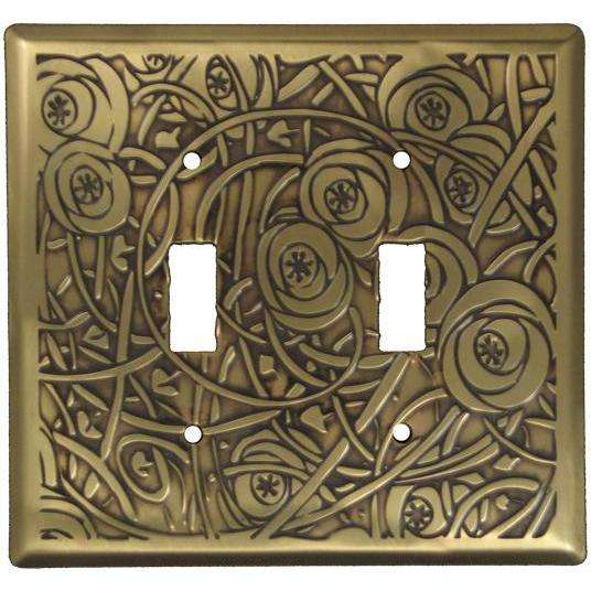 Deco Floral Antique Brass Double Toggle Switchplate