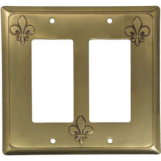 Fleur-de-Lis Antique Brass Double Rocker Switchplate