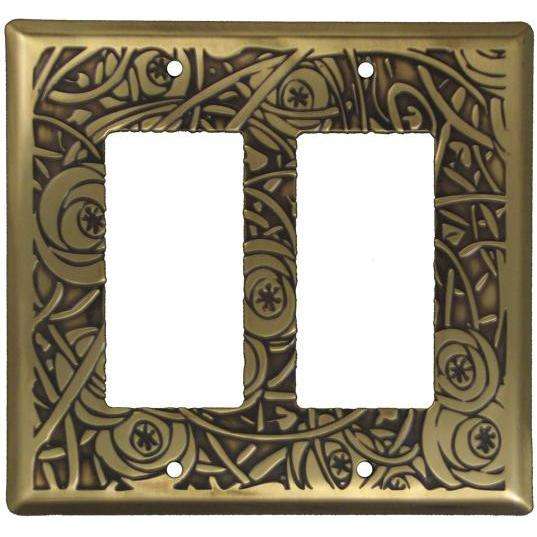 Deco Floral Antique Brass Double Rocker Switchplate
