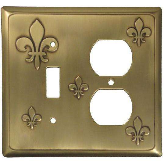 Fleur-de-Lis Antique Brass Toggle / Duplex Switchplate