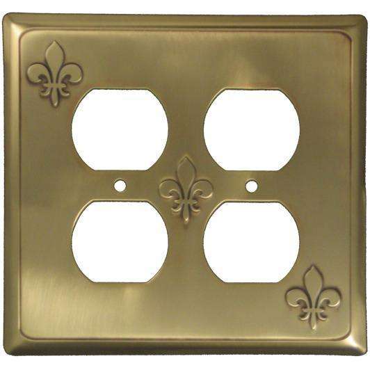 Fleur-de-Lis Antique Brass 2 Duplex Outlet Switchplate