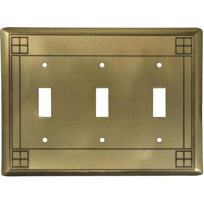 Arts and Crafts Antique Brass Triple Toggle Switchplate