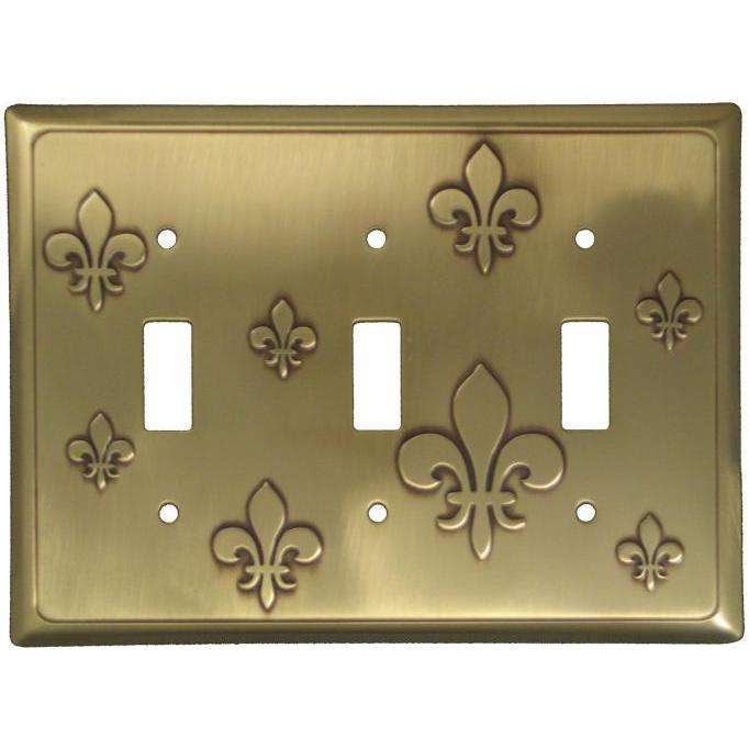 Fleur-de-Lis Antique Brass Triple Toggle Switchplate