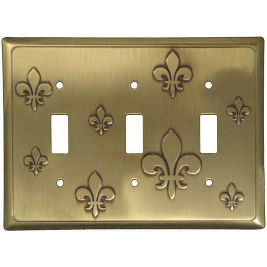 Fleur-de-Lis Antique Brass Triple Toggle Switchplate:Wallplatesonline.com
