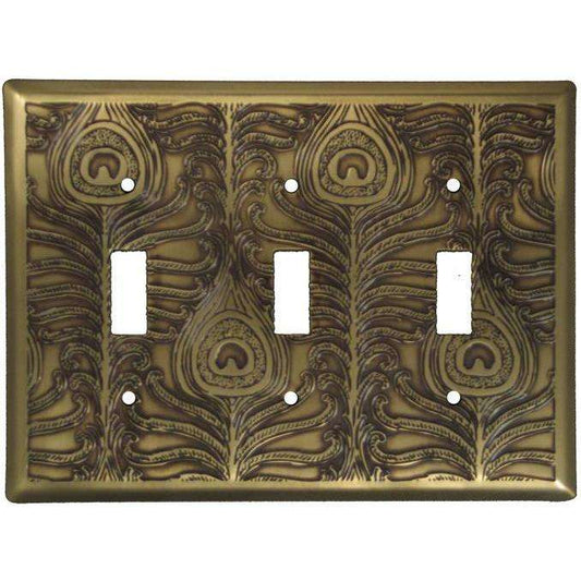 Peacock Antique Brass Triple Toggle Switchplate:Wallplatesonline.com
