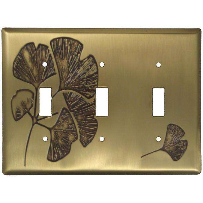 Ginkgo Antique Brass Triple Toggle Switchplate:Wallplatesonline.com