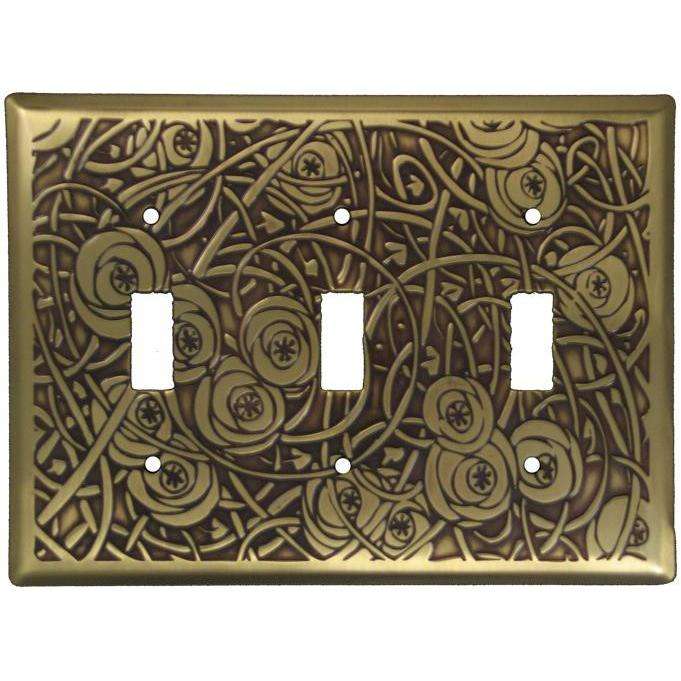 Deco Floral Antique Brass Triple Toggle Switchplate