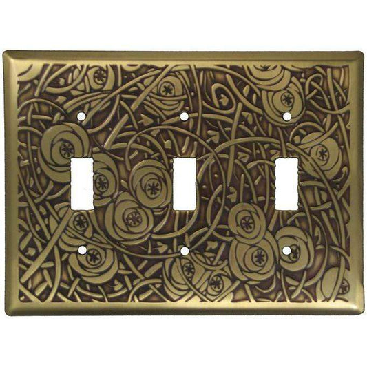 Deco Floral Antique Brass Triple Toggle Switchplate:Wallplatesonline.com