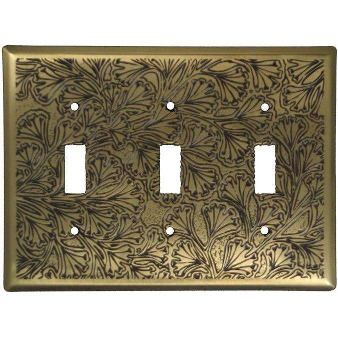 Maidenhaire Fern Antique Brass Triple Toggle Switchplate