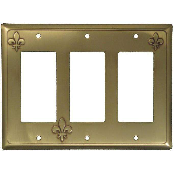 Fleur-de-Lis Antique Brass Triple Rocker Switchplate