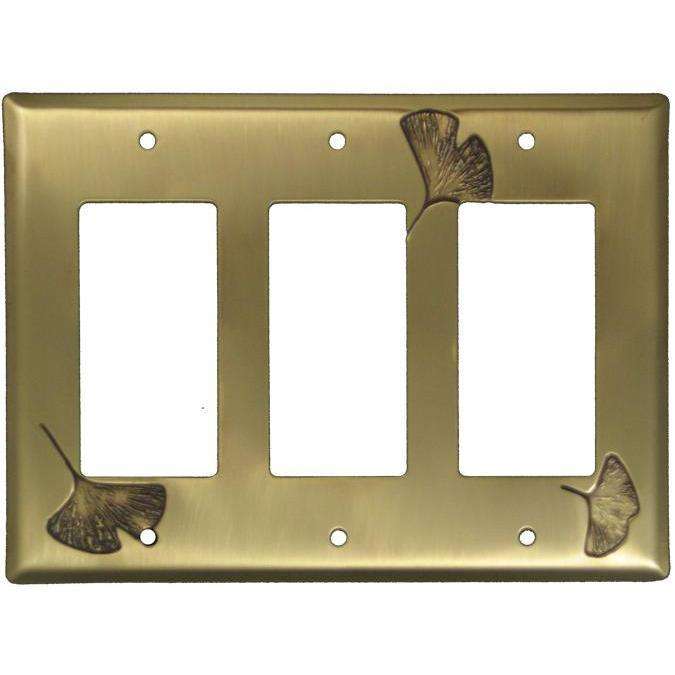 Ginkgo Antique Brass Triple Rocker Switchplate:Wallplatesonline.com