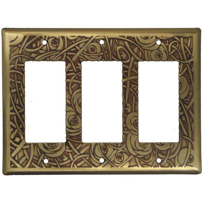 Deco Floral Antique Brass Triple Rocker Switchplate